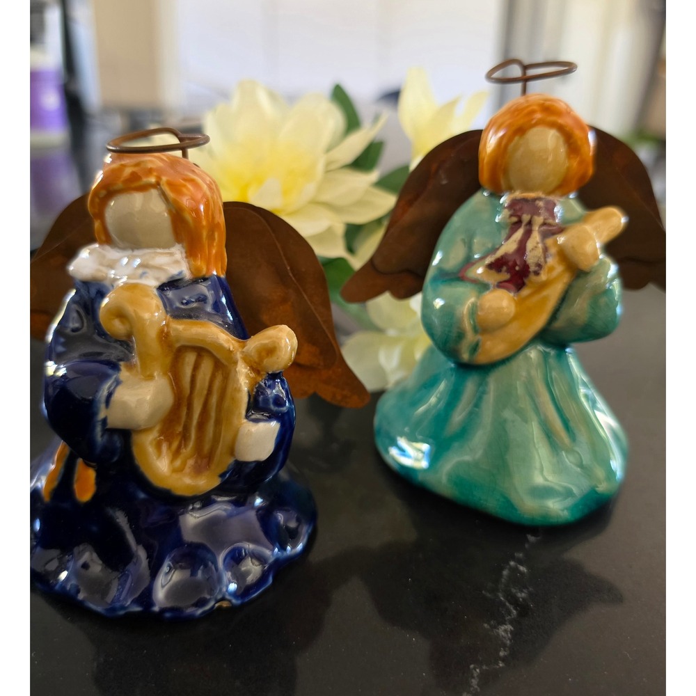 VNTG 2003 Ceramic Angel Figurines Set of 2 Metal Wings Blue Teal